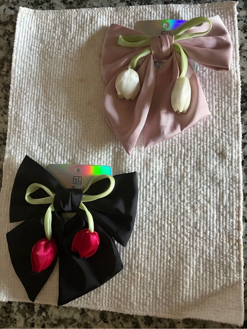 SHEIN Pink & Black Tulip Bow Hair Clips